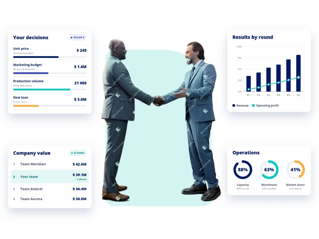 Two professionals shaking hands, with Hubro dashboards showing decisions, results, company value and operations