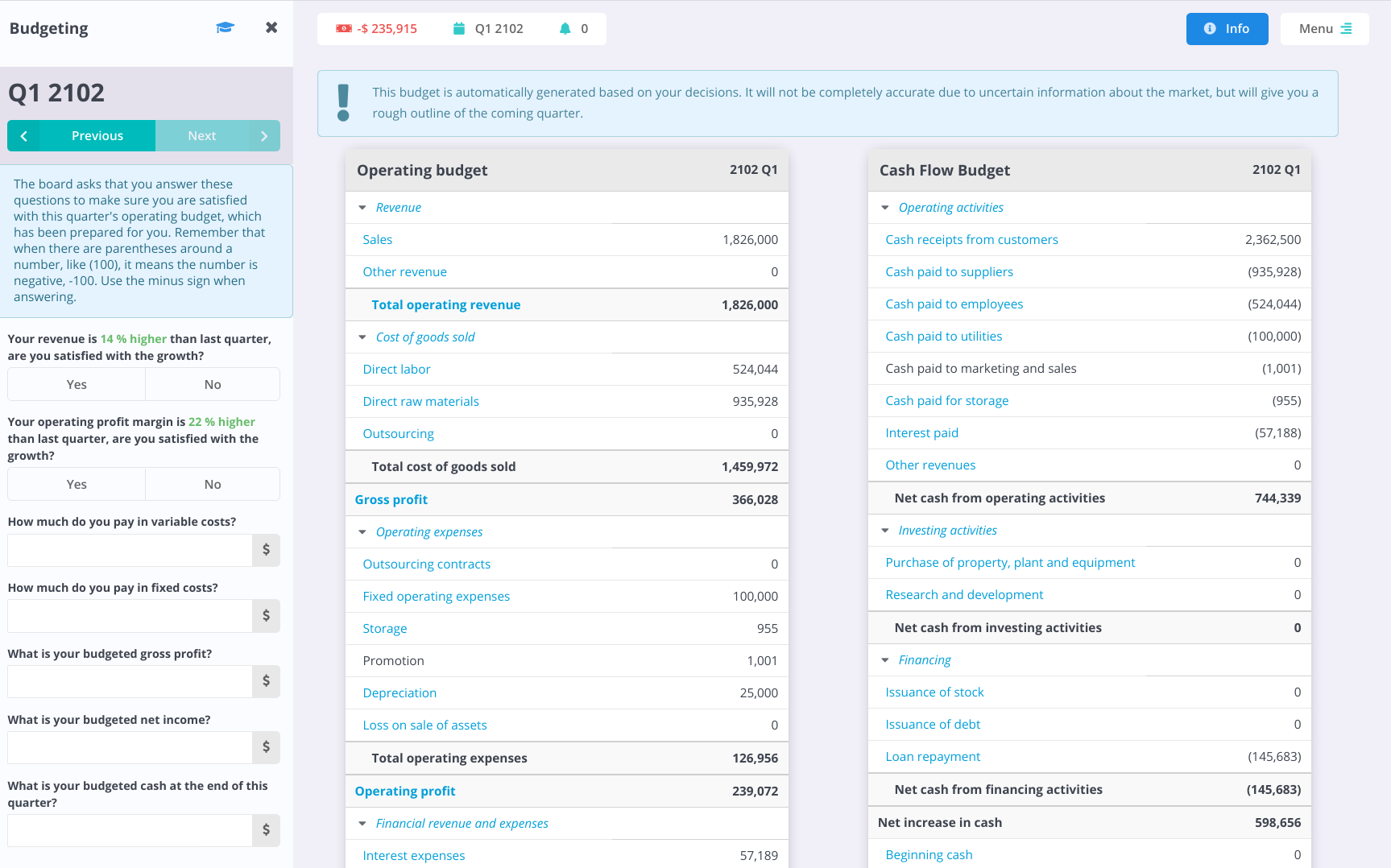 Hubro budgeting screen — issuance of stock, issuance of debt and loan repayment under financing activities